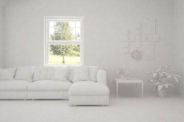 White living room with sofa and summer landscape in window. Scandinavian interior design. 3D illustration