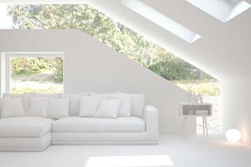 White living room with sofa and summer landscape in window. Scandinavian interior design. 3D illustration