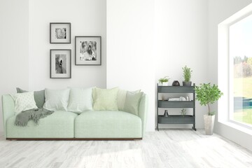 White living room with sofa. Scandinavian interior design. 3D illustration