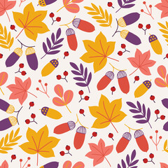 Fototapeta na wymiar Autumn seamless pattern with maple leaves, acorns, berries