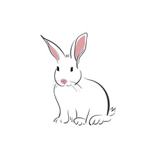 White rabbit in japanese style on a white background. Bunny in simple style. Animal sketch.