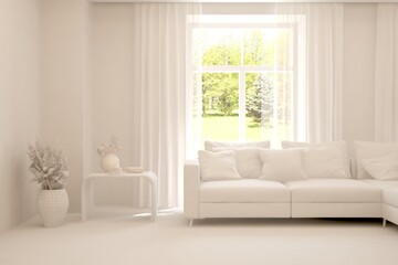 White living room with sofa and summer landscape in window. Scandinavian interior design. 3D illustration