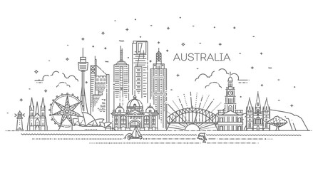 Australia architecture line skyline illustration. Linear vector cityscape with famous landmarks - obrazy, fototapety, plakaty