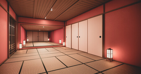 The interior color Red room inteior with tatami mat floor.3D rendering