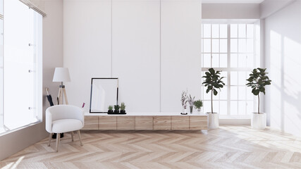 cabinet wooden with on white wall and wooden floor, tropical interior  living room. 3d rendering