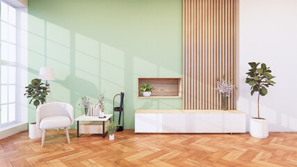 Cabinet wooden and yellow arm chair in Living green light wall interior japanese style. 3d rendering