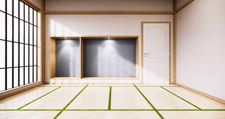 the interior with shelf wall design in room tropical style minimal design. 3d rendering