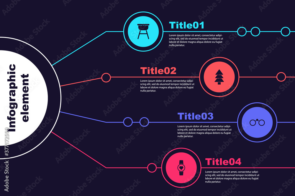 Poster set barbecue grill, tree, binoculars and smart watch showing heart beat rate. business infographic t