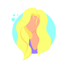 A girl with blond, yellow hair in a circle. Concept: healthy, beautiful hair, fashion and beauty. Vector icon, flat cartoon color design isolated on white background, eps 10.
