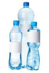 Bottles of pure water with blank labels on white background