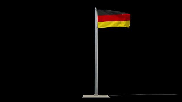 Germany flag on a flagpole in full growth waving in the wind. You can cut this footage from the background (Luma Mattes). The Federal Republic of Germany.