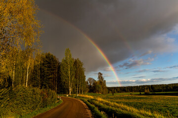 Rainbow over Finnish countryside.