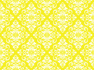 Wallpaper in the style of Baroque. Seamless vector background. White and yellow floral ornament. Graphic pattern for fabric, wallpaper, packaging. Ornate Damask flower ornament