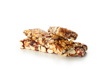 Tasty granola bars isolated on white background