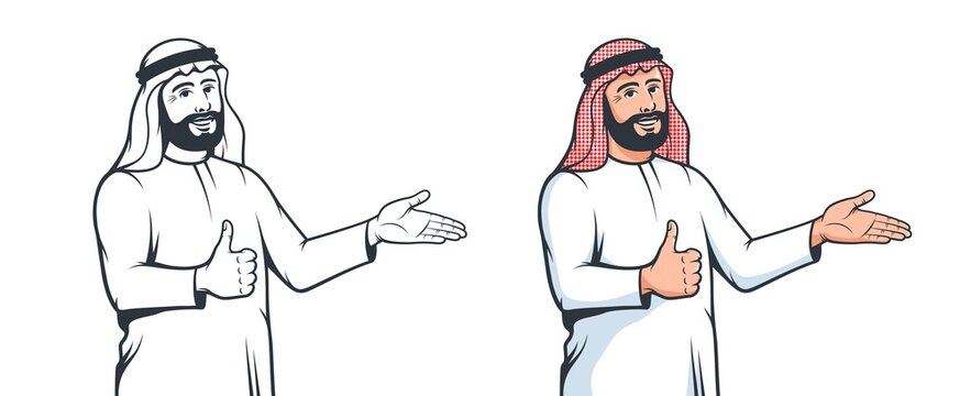 Muslim arabian man with welcomes gesture. Arabic positive man smile and thumbs up. Vector illustration.