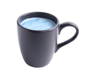 Blue matcha latte in cup on white background