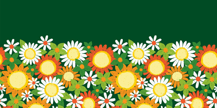 Vector colorful overlapping textured sunflowers and daisy pen sketch horizontal border pattern. Suitable for greeting cards, posters and banners.