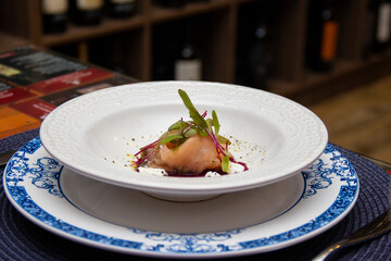 Delicious beet carpaccio with gravlax salmon and chévre cheese