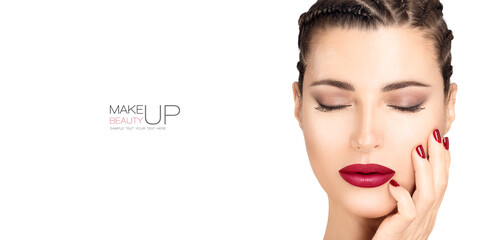 Beauty and Makeup Concept. Beauty face makeup closeup. Red Nail Art and Make-up