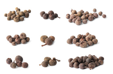 Collage with heaps of peppercorns on white background