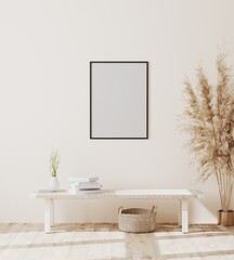 Blank poster frame mockup on white wall in modern interior background in scandinavian style with decoration, 3d rendering