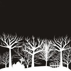 Illustration of a night halloween background with pumpkies and and graves
