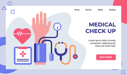 Medical check up ecg tensimeter stethoscope campaign for web website home homepage landing page template banner with modern flat style.