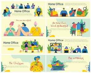 Home office. Working at home, coworking space, Webinar, video conference concept vector flat style illustration