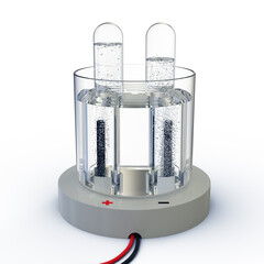 Electrolysis of water showing gas bubbles liberated from the electrodes, isolated on white background. 3D illustration.