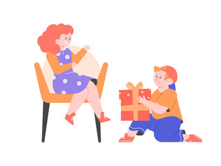 The boy gives the girl a gift. School children and friendship. Lovely characters. Vector flat illustration.