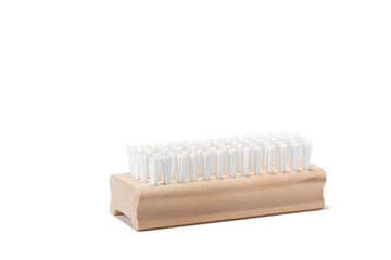 One wooden natural cleaning brush with synthetic nylon, polyester bristles isolated on white background. Cleaning service company concept. Appliance for hand washing, scouring, scrubbing, disinfection