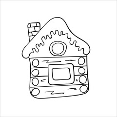 Wooden house. Hand drawn Christmas sketches in doodle style. Isolated vector object on a white background. Winter design elements for New year decor, gingerbread, coloring books.  