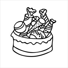Christmas box with toys and sweets. Hand drawn sketches in doodle style. Isolated vector object on a white background. Winter design elements for New year decor, coloring books.