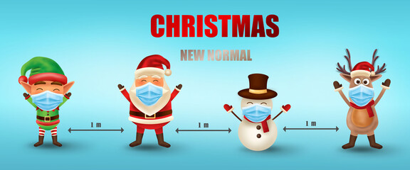 Merry Christmas and happy new year. Christmas new normal concept with Elf, Santa Claus, Snowman and Reindeer. Corona virus protection.  -Vector