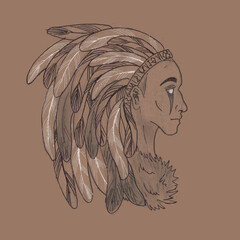 Esoteric and magic illustration of a human in graphics. Shaman, medium, leader. Figure black pen isolated background