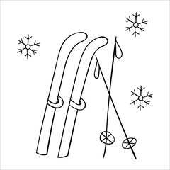 Skis with sticks. Hand drawn sketches in doodle style. Isolated vector object on a white background. Christmas design elements for winter decor, coloring books.