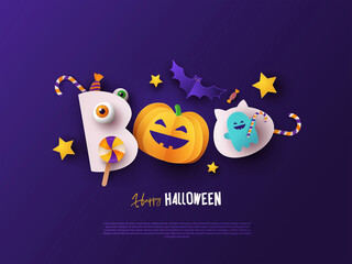 Happy Halloween greeting banner with pumpkin, candy, bats and ghost in night sky. Text Boo stylized as cute monsters. Paper cut style. Halloween design for poster, party invitation or Sale