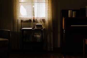 window with lace curtains