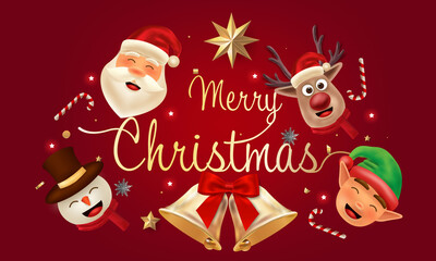 Merry Christmas and Happy New Year. Christmas greeting card in red background made by reindeer, snowman, Santa Claus, elf, candy cane and decoration.	