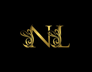 Gold N, L and NL Luxury Letter Logo Icon. Graceful royal style. Luxury alphabet arts logo.