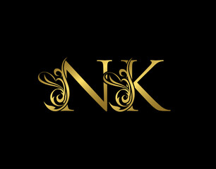 Gold N, K and NK Luxury Letter Logo Icon. Graceful royal style. Luxury alphabet arts logo.