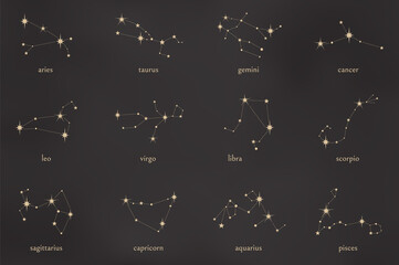 Set of zodiac constellations. Aries, taurus, gemini, cancer, leo, virgo, libra, scorpio, sagittarius, capricorn, aquarius, pisces constellations collection isolated on black. Vector illustration