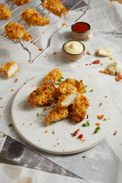 Chicken nuggets served on the table