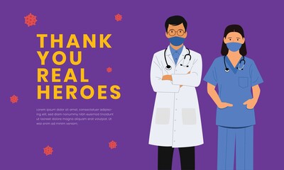 Doctor and Nurse vector illustration with a mask as a real hero and Thank you message 