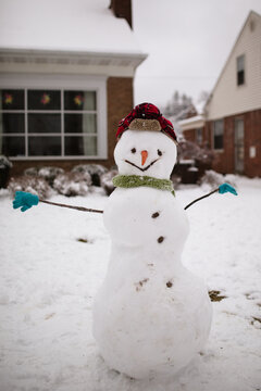 snowman with hat, scarf, gloves and carrot nose