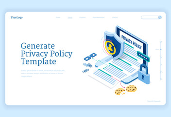 Privacy policy isometric landing page, data protection, digital security, personal confidential information online safety. Laptop with generated template, shield and lock 3d vector line art web banner
