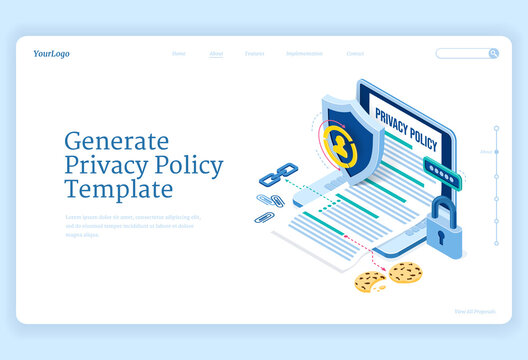 Privacy Policy Isometric Landing Page, Data Protection, Digital Security, Personal Confidential Information Online Safety. Laptop With Generated Template, Shield And Lock 3d Vector Line Art Web Banner