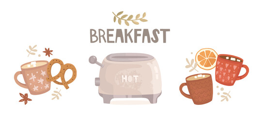 Bundle of illustrations. Vintage cups with hot drinks, pretzel, leaves, orange slices. Toaster, handwritten lettering breakfast. Cozy atmosphere, homemade food. Set of vector elements for design