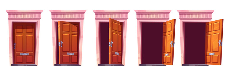 Opening wooden front door with stone frame isolated on white background. Vector cartoon set of house entrance, brown closed, ajar and open doors. Illustration for sprite animation or 2d game