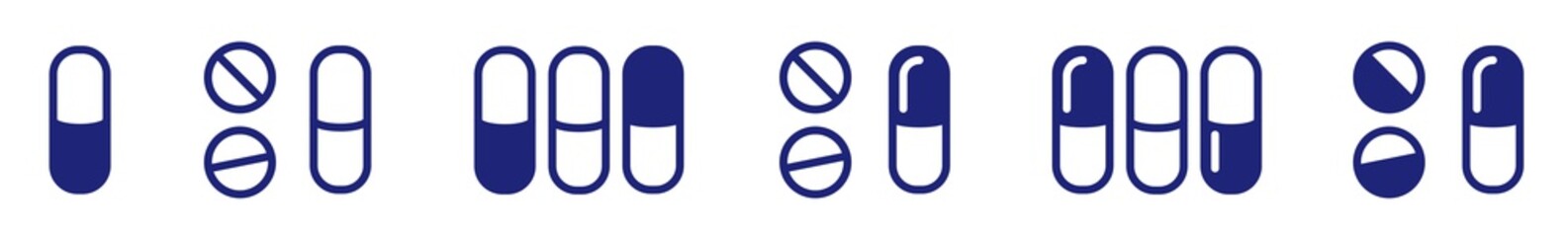 Pill Icon Blue | Pills Illustration | Medicine Symbol | Pharmacy Capsule Logo | Medication Sign | Isolated | Variations